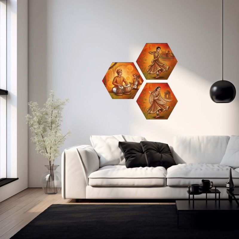Set of 3 Hexagonal Shape Indian Classical Kathak Dance Wall Art Decor Traditional Musician and Dancer Theme Decor for Living Room, Office, and Cultural Wall Decoration